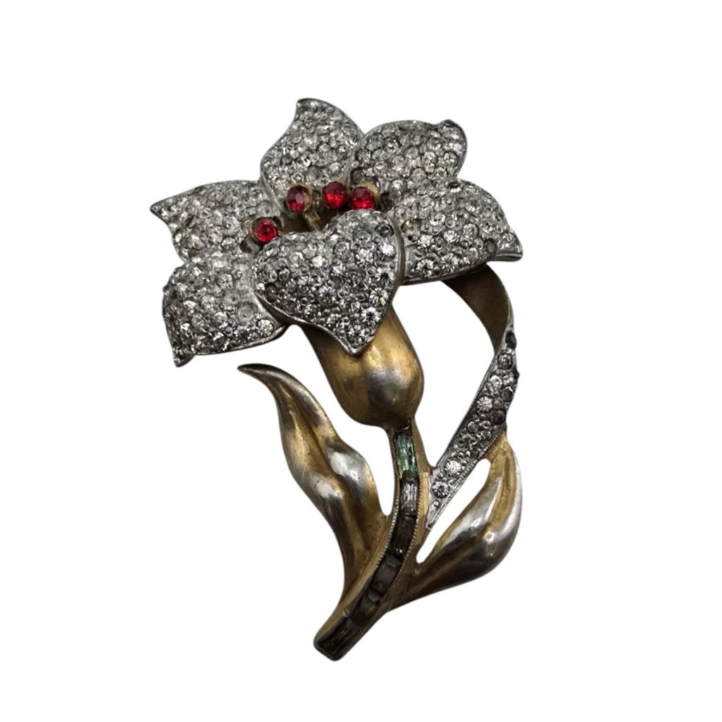 Vintage Signed Artisan Ny Crystal Pave Flower Brooch (A8505)